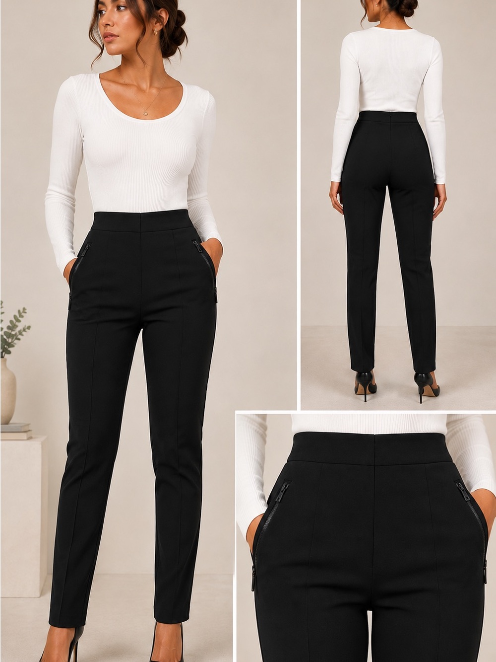 Kirkland Signature Black High-Waist Slim Trousers with Zip Pockets